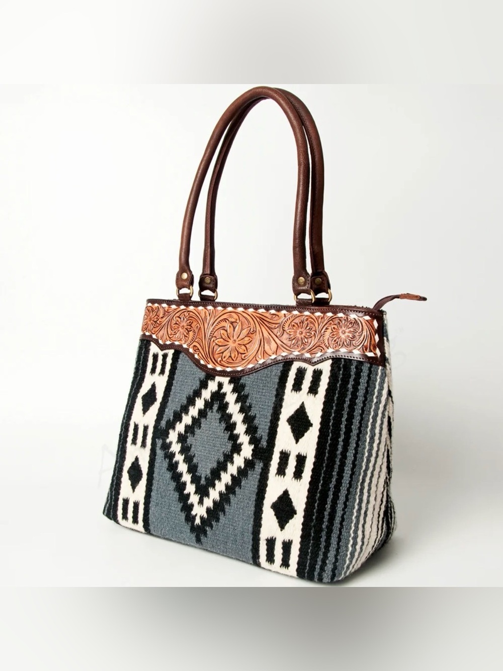 Western Bag Southwestern Woven Tote Bag with Tooled Leather Trim - Brown & Gray